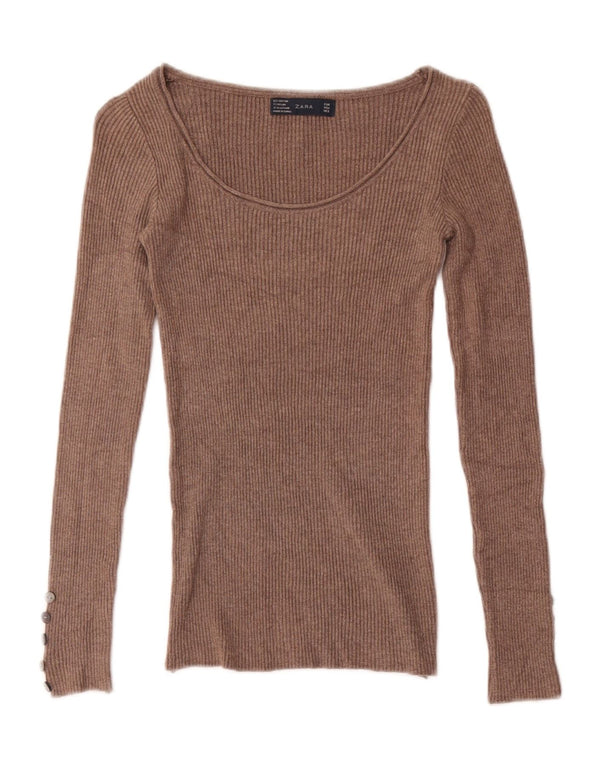 Top Zara da donna a maniche lunghe UK 4 XS marrone cotone