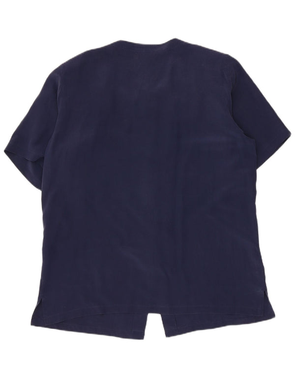 Camicia vintage da donna a maniche corte IT 48 XL Seta blu navy