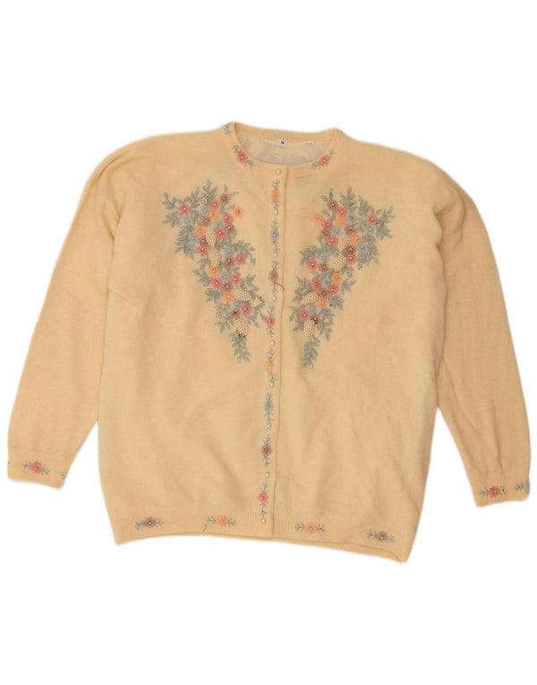 Maglione cardigan da donna vintage UK 14 Lana d'agnello floreale beige medio
