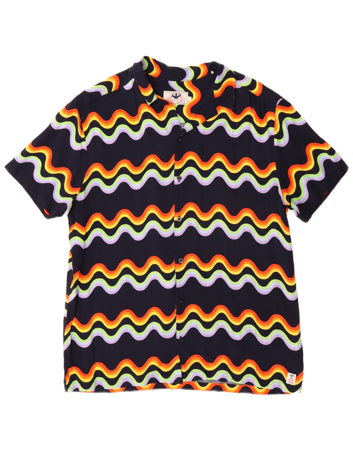 Camicia vintage da uomo a maniche corte grande in viscosa Chevron blu navy
