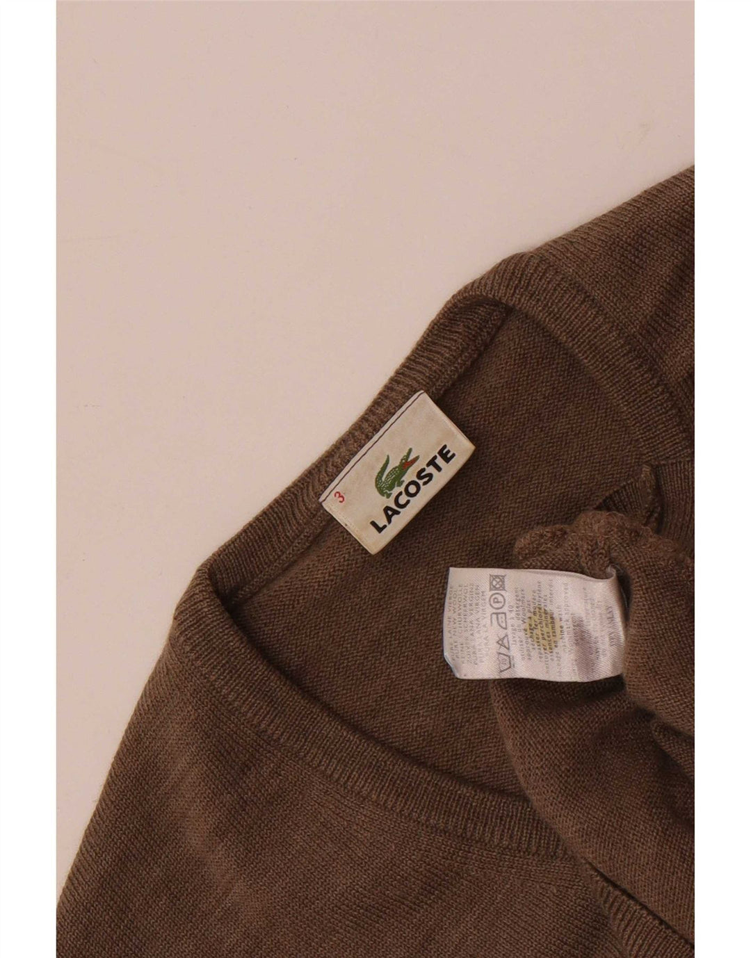 Maglione maglione da uomo con scollo a V Lacoste taglia 3 piccolo marrone lana vergine