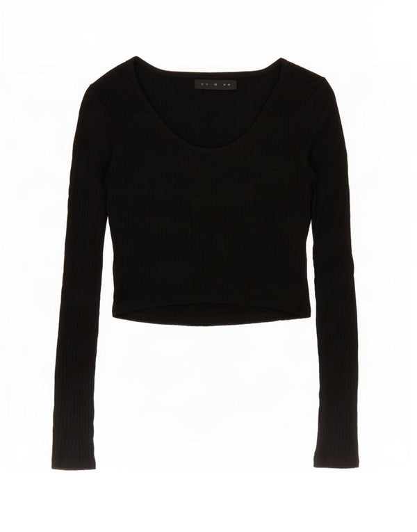 Topshop Donna Crop Top Manica Lunga UK 10 Piccolo Nero Viscosa