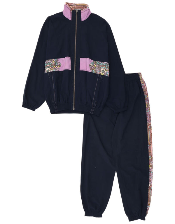 Tuta intera da donna vintage UK 10 piccola poliammide geometrica blu navy