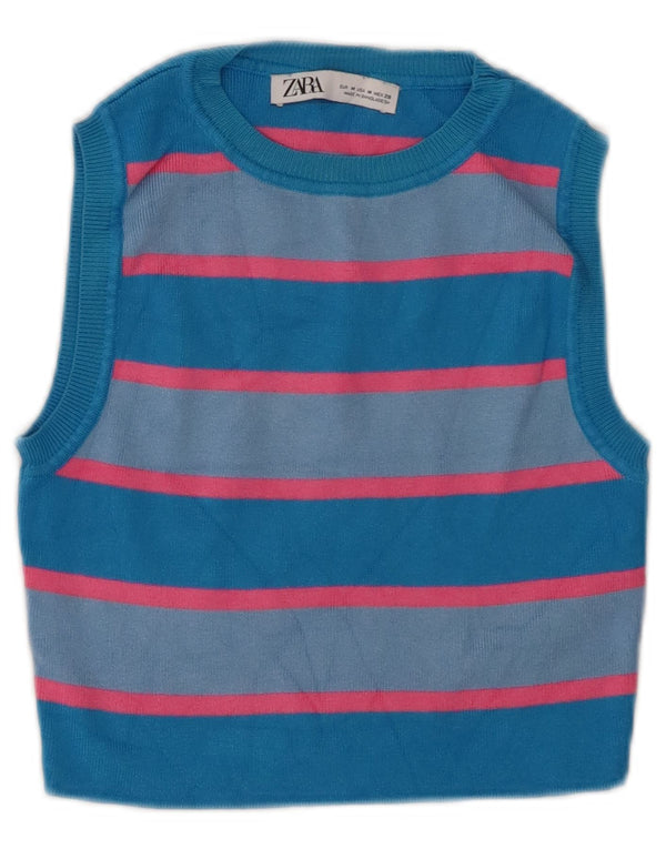 Canotta corta da donna Zara UK 12 Viscosa a righe blu medio