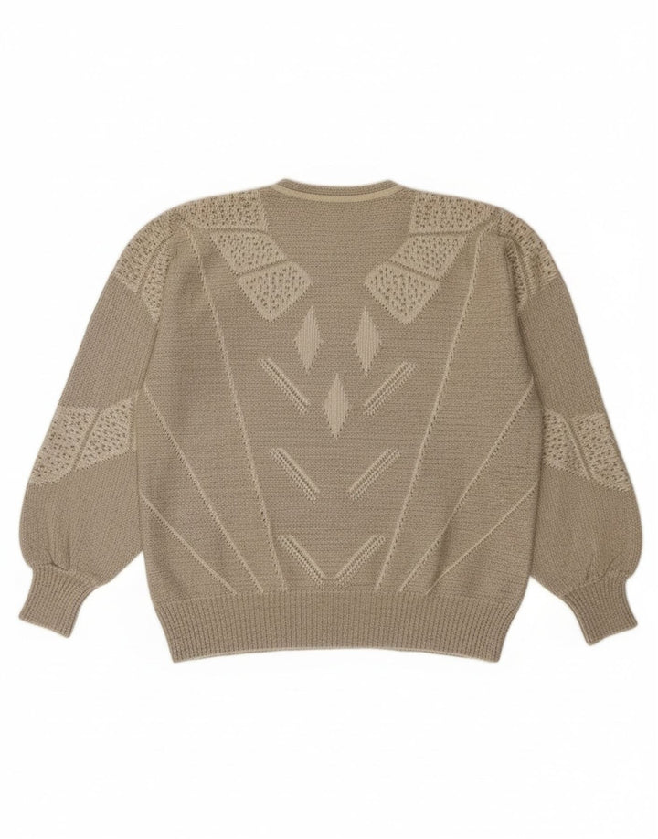 Maglione da donna vintage con collo a bottoni, UK 14, grande grigio geometrico