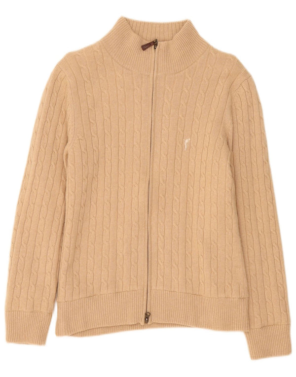 Golfino Maglione cardigan con zip intera da donna UK 12 Lana merino beige medio