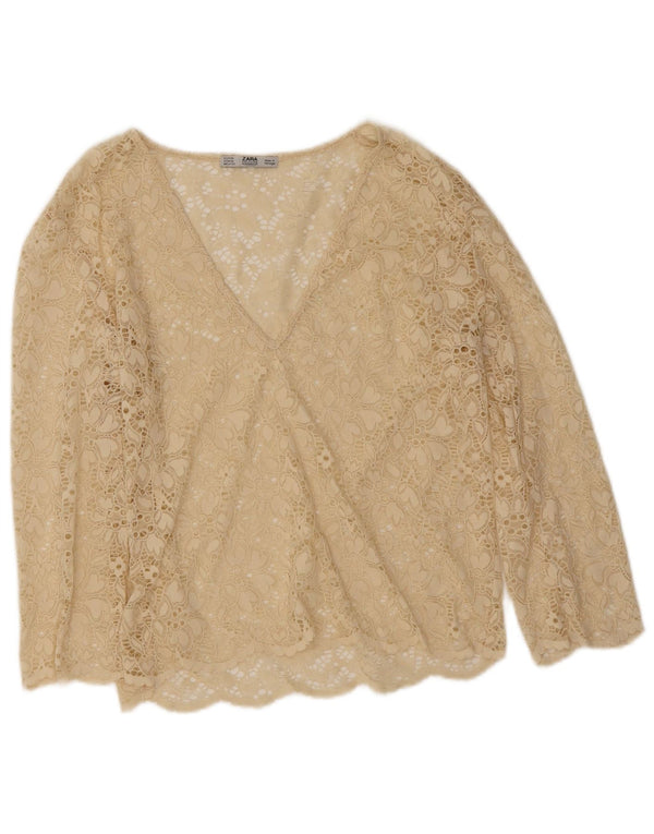 Top Zara da donna a maniche lunghe in pizzo trasparente UK 12 Beige medio floreale
