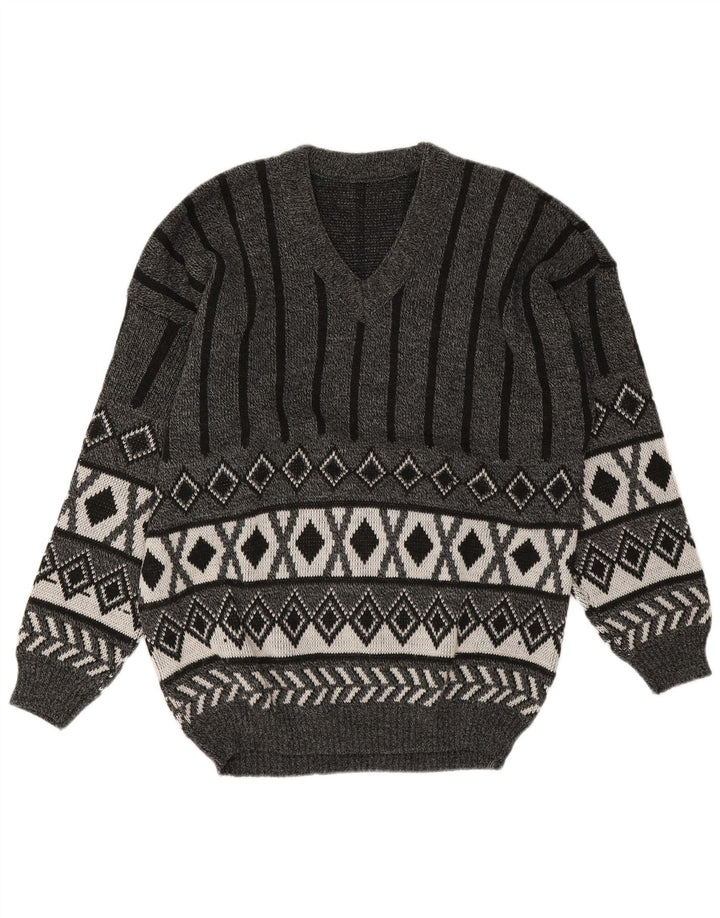 Maglione vintage da uomo con scollo a V grigio medio a rombi/diamante