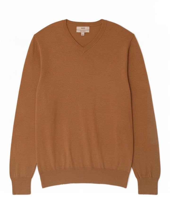 Marks & Spencer Mens V-Neck Jumper Sweater Large Beige Cotton