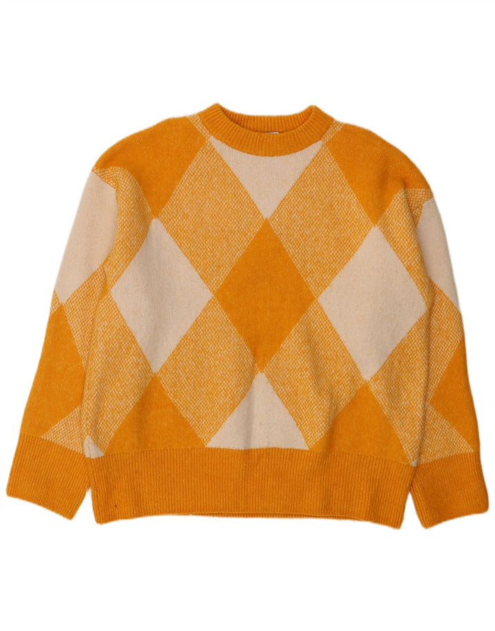 Maglione maglione girocollo da donna Zara UK 14 giallo medio a rombi/diamante