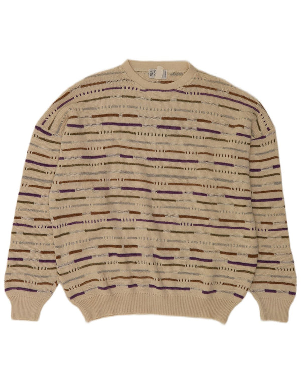 Maglione maglione girocollo vintage da uomo XL a righe beige