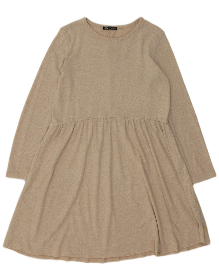 ZARA Womens Long Sleeve A-Line Dress UK 10 Small Beige Polyester