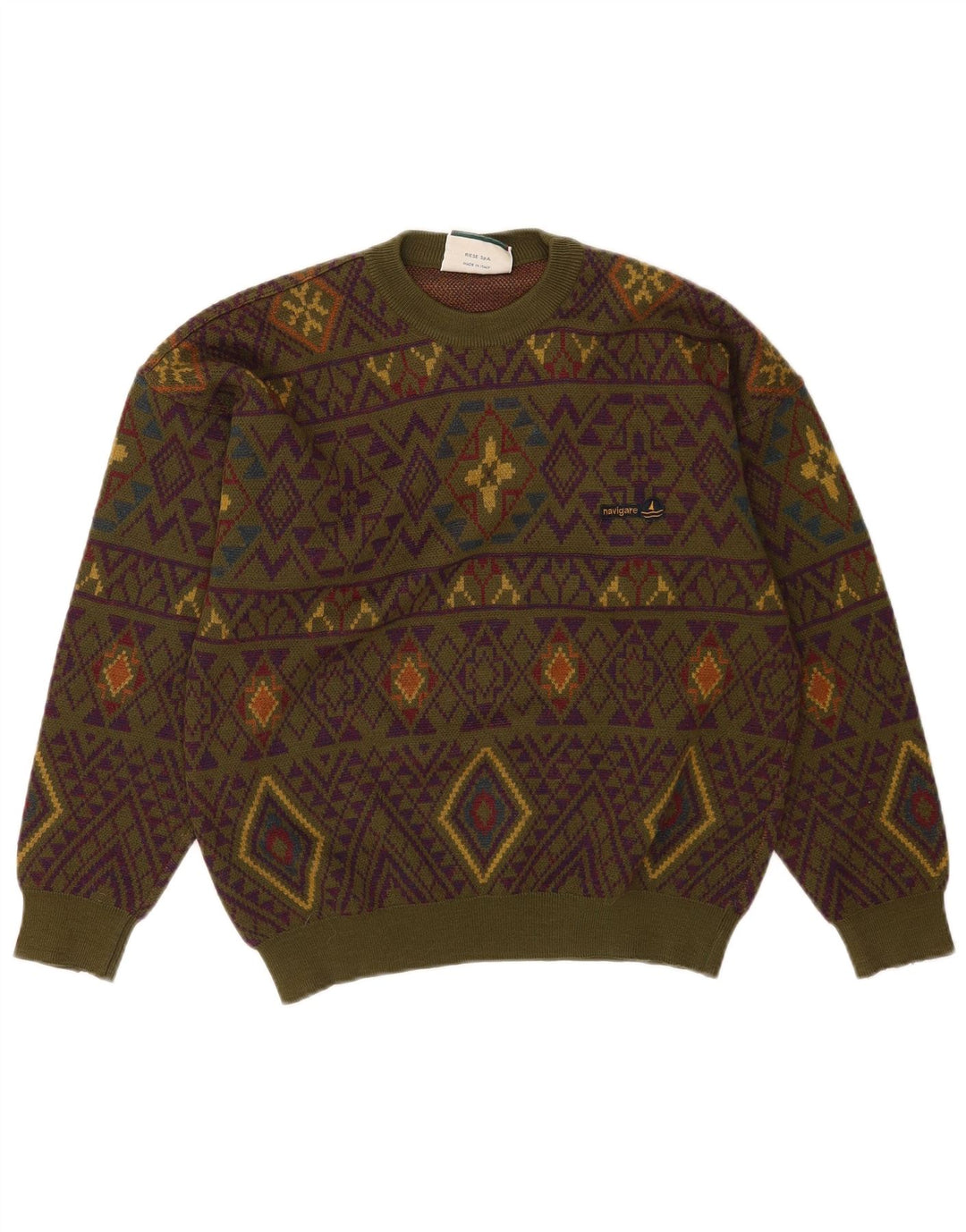 Maglione maglione girocollo da uomo Navigare, lana geometrica kaki media