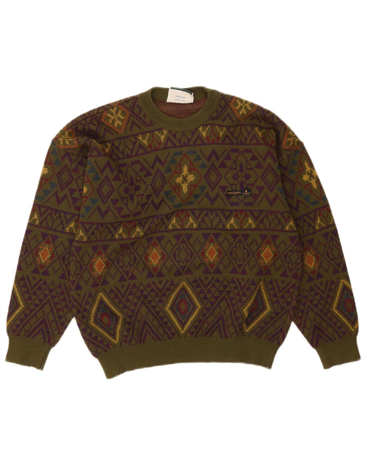 Maglione maglione girocollo da uomo Navigare, lana geometrica kaki media