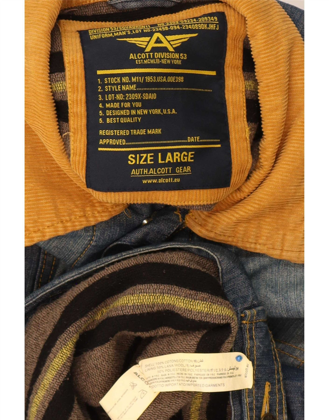 Giacca da aviatore da volo da uomo in denim Alcott UK 40 grande cotone color block blu