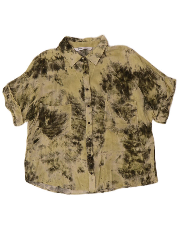 Camicia Zara da donna a maniche corte camicetta UK 14 viscosa tie dye color kaki medio