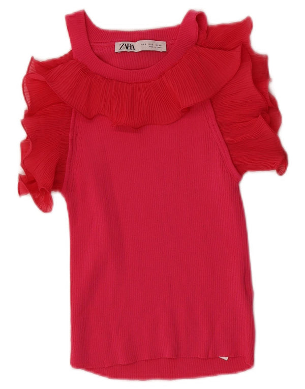 Zara Donna Camicetta Corta con Spalle Scoperte Top UK 8 Small Rosa Viscosa