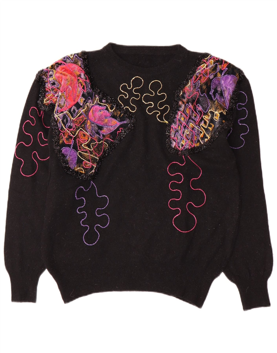 Maglione girocollo da donna vintage con motivo astratto girocollo UK 14 medio nero