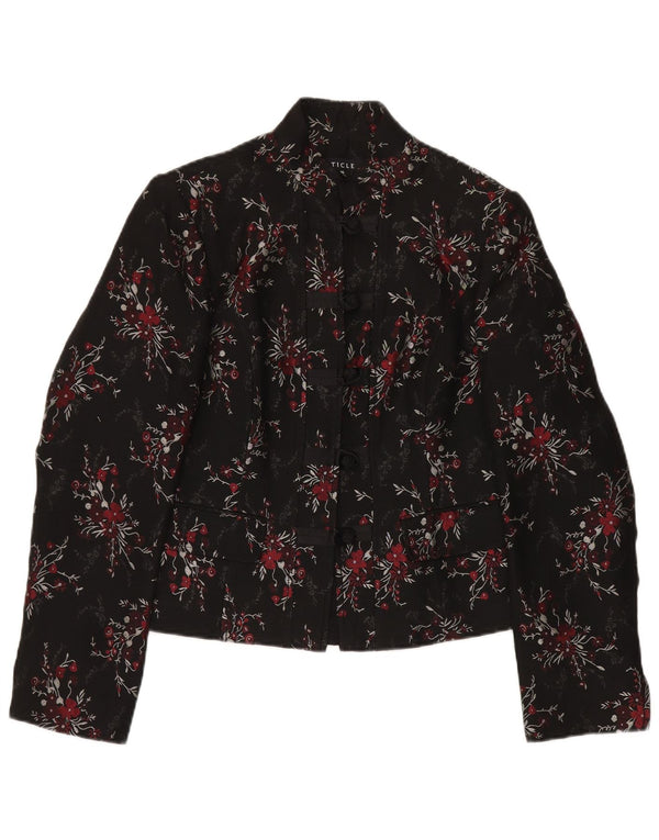 Giacca blazer vintage da donna a 5 bottoni UK 14 grande acetato floreale nero