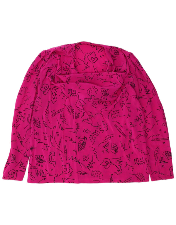 Top camicetta a maniche lunghe da donna vintage UK 16 grande rosa geometrico