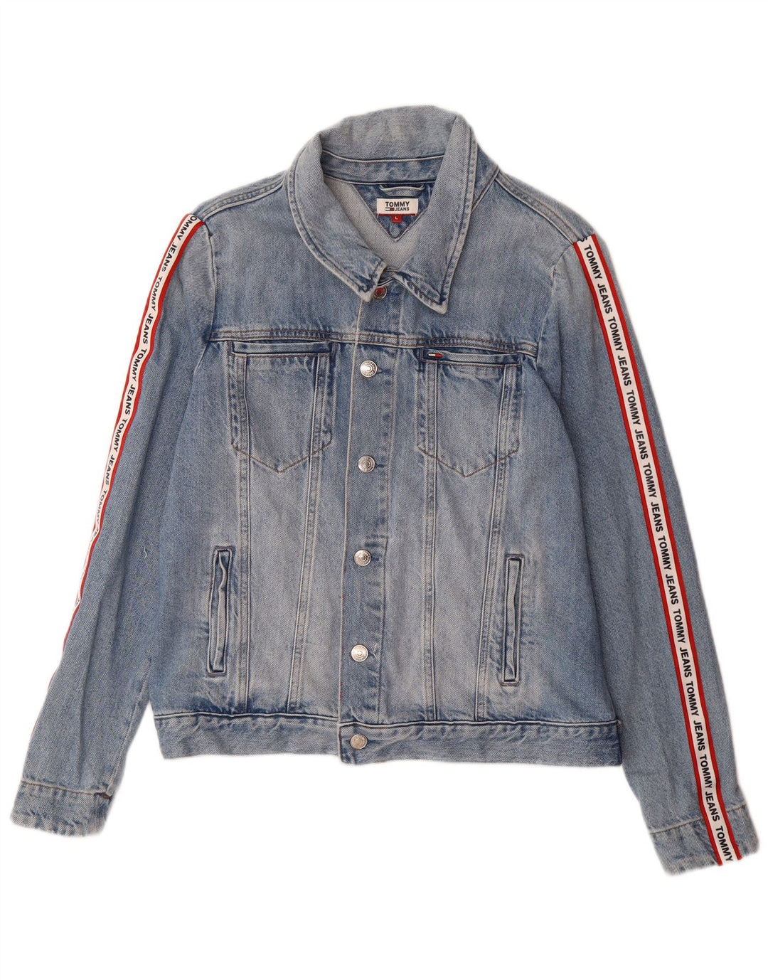 TOMMY HILFIGER Womens Graphic Denim Jacket UK 14 Large Blue Colourblock