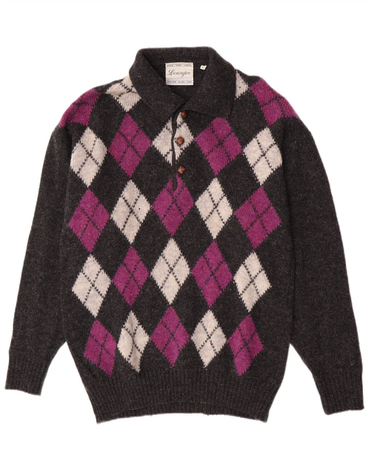 Maglione vintage da uomo con collo alto, grande lana vergine grigia a rombi/diamanti