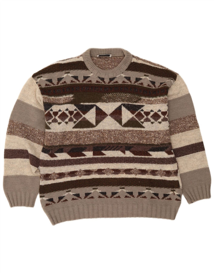 Maglione vintage da uomo girocollo IT 50 marrone medio geometrico
