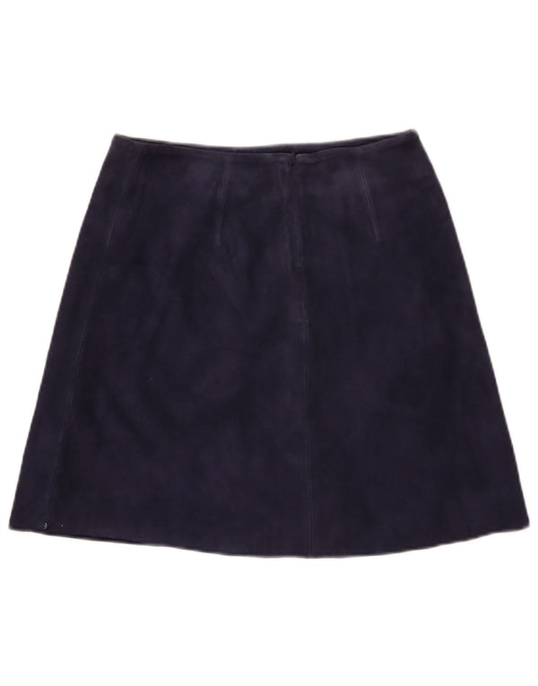 Gonna a trapezio in pelle scamosciata vintage da donna UK 6 XS W26 in pelle blu navy