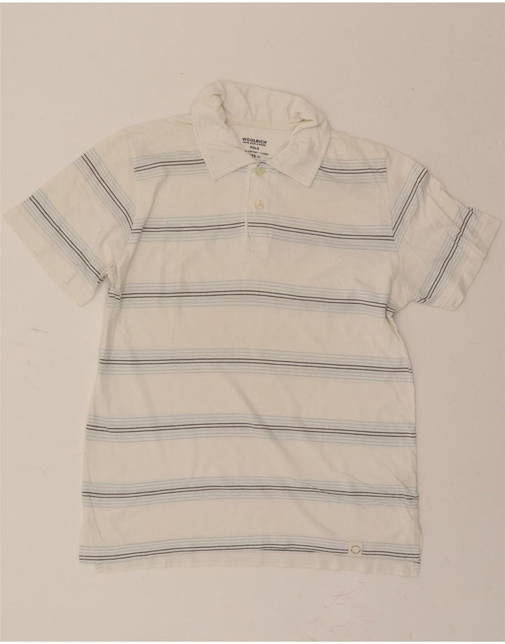 WOOLRICH Mens Polo Shirt Medium White Striped Cotton Vintage Woolrich and Second-Hand Woolrich from Messina Hembry 