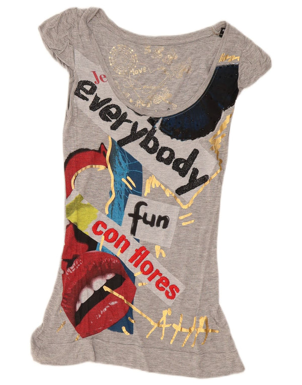 Desigual Womens Graphic Tunica Top UK 12 Viscosa grigio medio