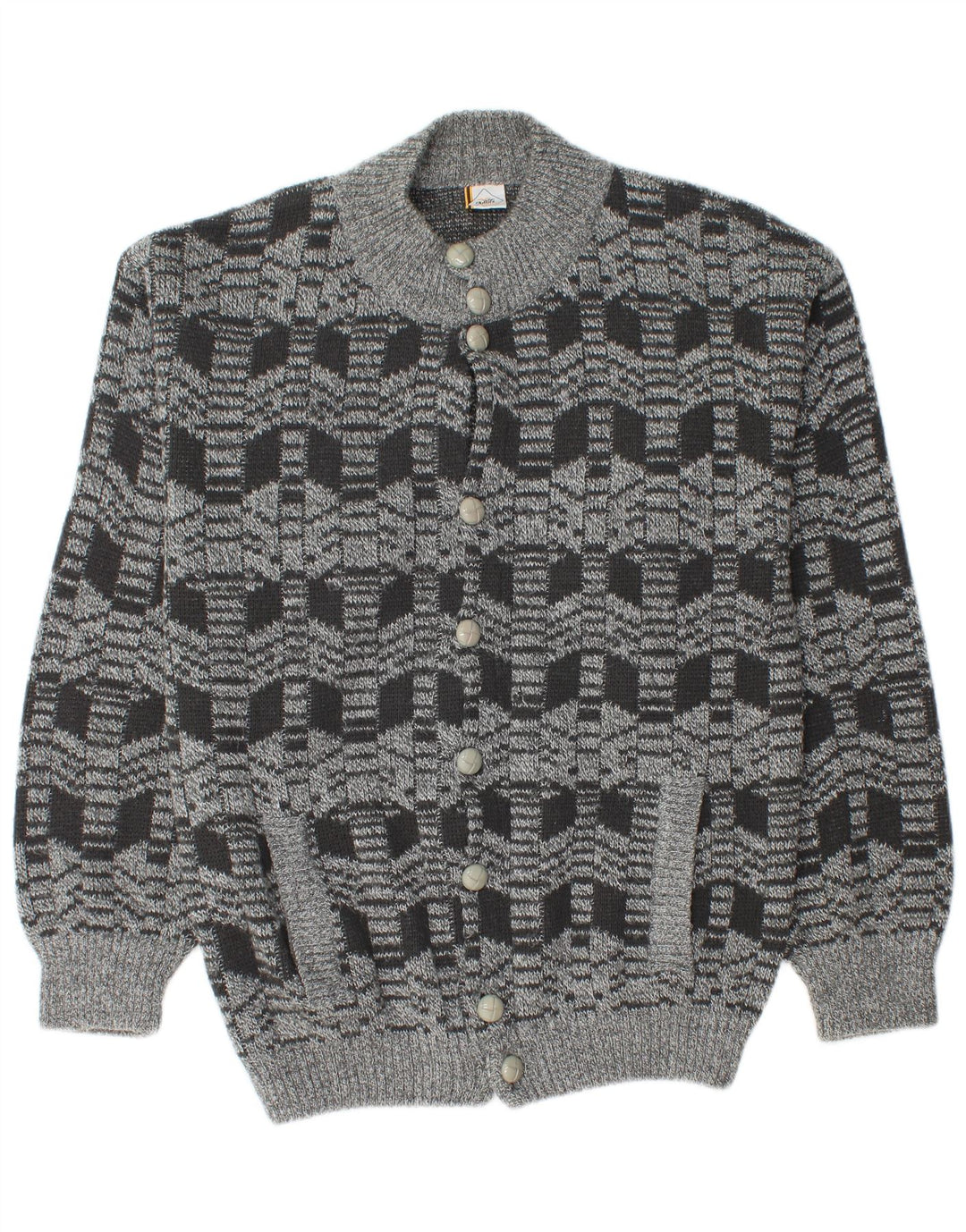 Maglione cardigan da uomo vintage in acrilico geometrico grigio medio