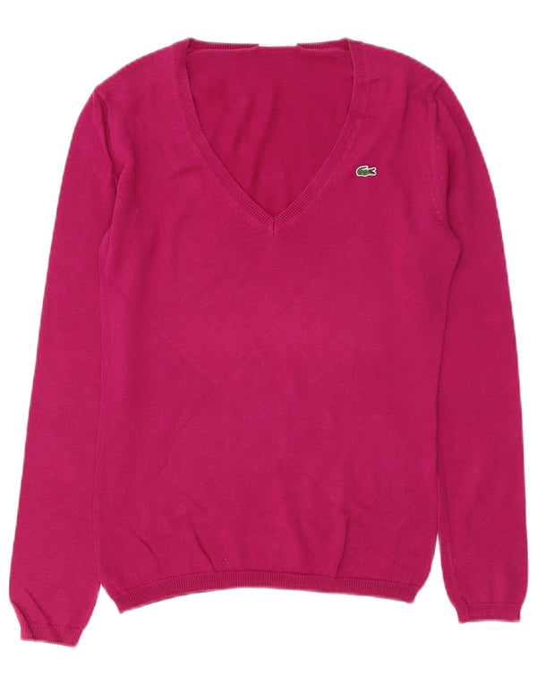 Lacoste Womens V-Neck Jumper Sweater Size 34 Small Pink Cotton
