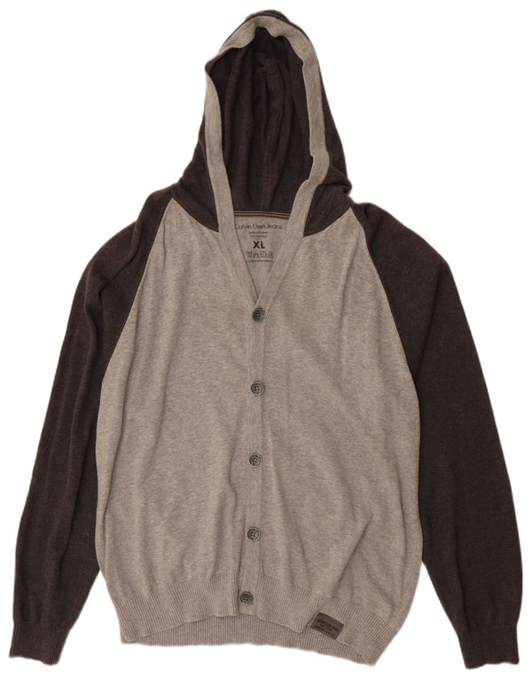 CALVIN KLEIN JEANS Maglione cardigan con cappuccio da uomo XL in cotone color block grigio