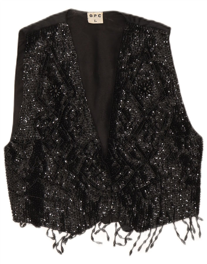 Gilet vintage da donna con paillettes corto UK 14 grande nero
