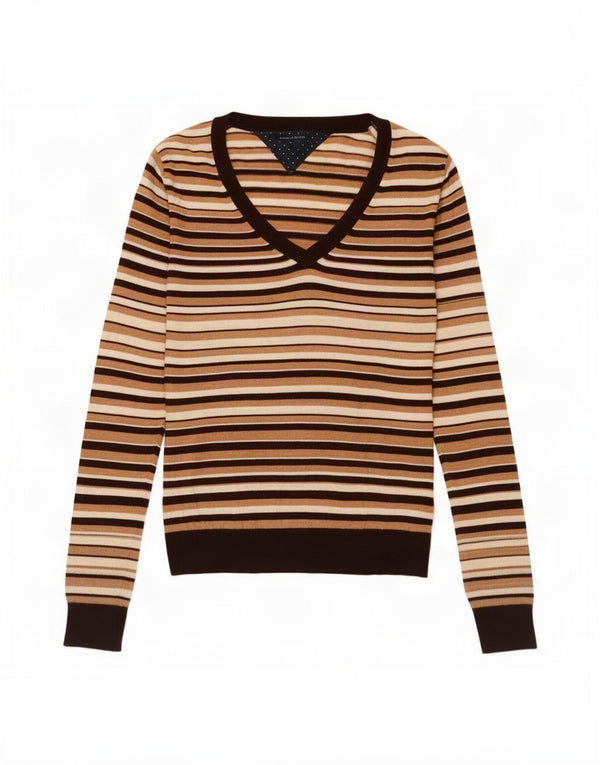 Maglione maglione con scollo a V da donna Tommy Hilfiger UK 14 a righe beige medio