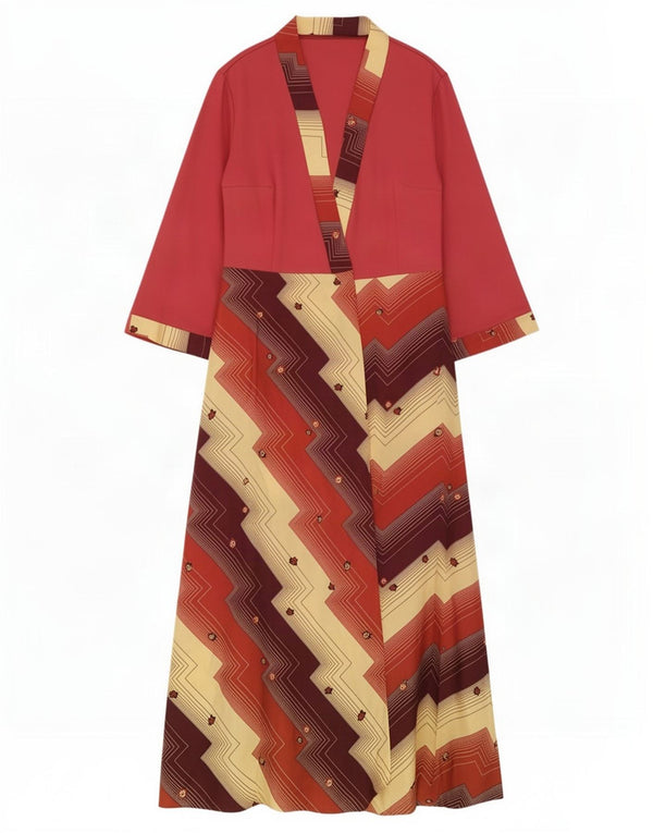 Abito lungo da donna vintage con maniche a 3/4 UK 8 piccolo rosso geometrico