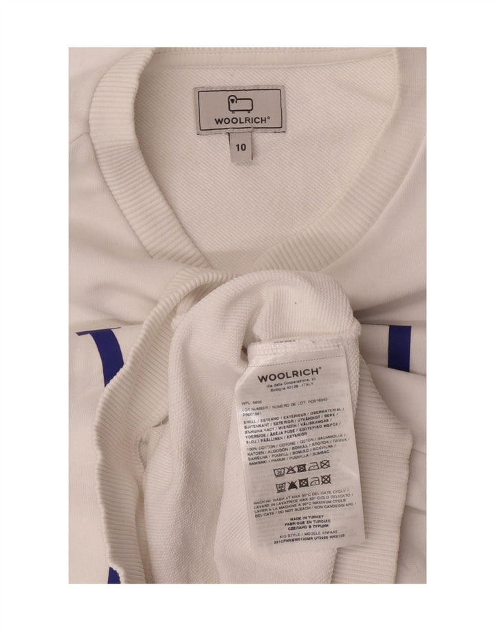 WOOLRICH Boys Graphic Sweatshirt Jumper 10-11 Years White Cotton Vintage Woolrich and Second-Hand Woolrich from Messina Hembry 