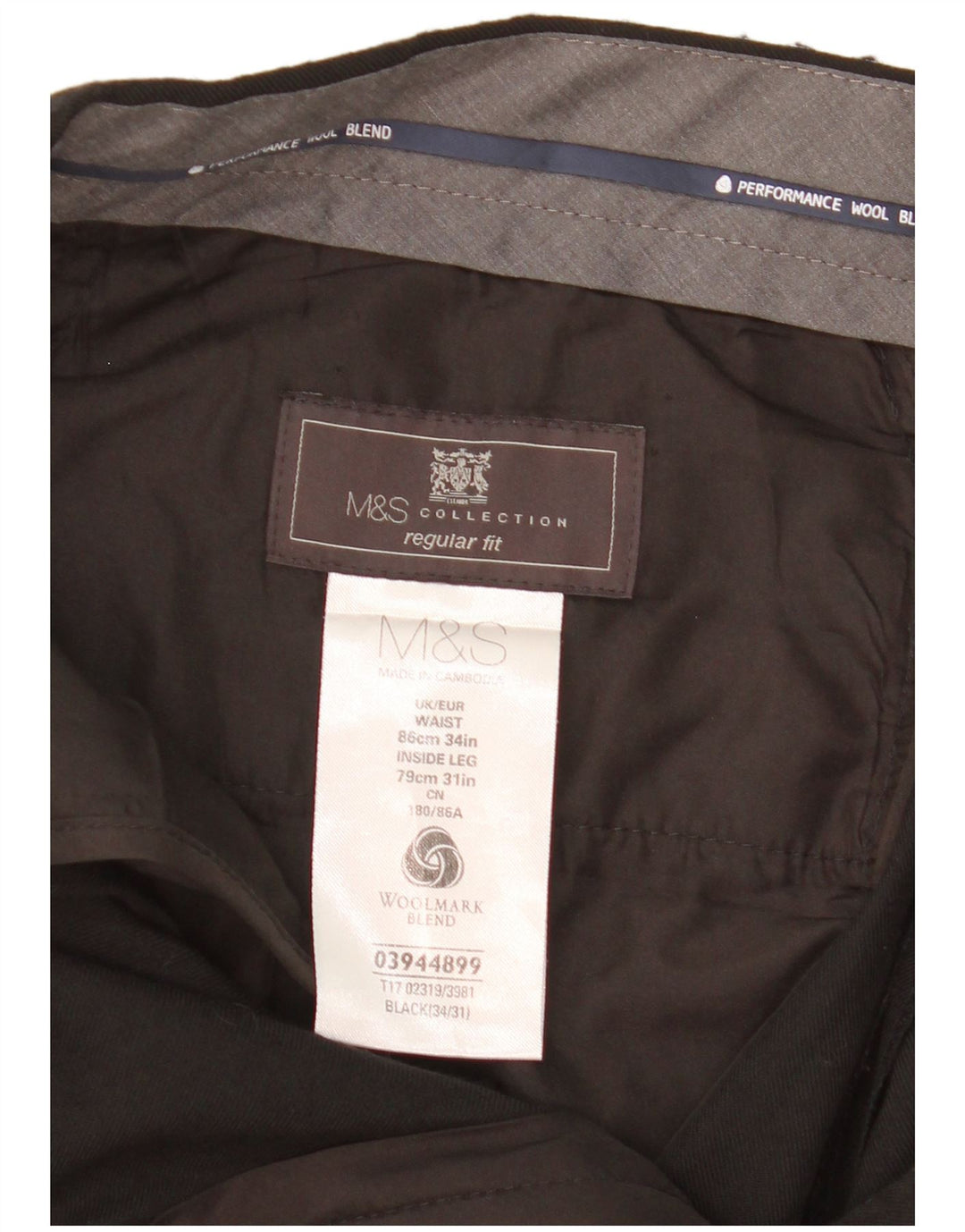 MARKS & SPENCER Pantaloni da abito vestibilità regolare da uomo W34 L31 Lana nera