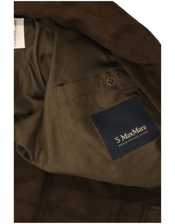 Giacca imbottita in pelle scamosciata con cappuccio da donna Max Mara UK 10 piccolo motociclista in pelle kaki