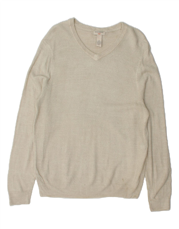 DOCKERS Mens V-Neck Jumper Sweater Large Beige Acrylic Vintage Dockers and Second-Hand Dockers from Messina Hembry 