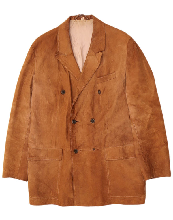 Cappotto doppiopetto vintage in pelle scamosciata da uomo IT 52 XL Beige