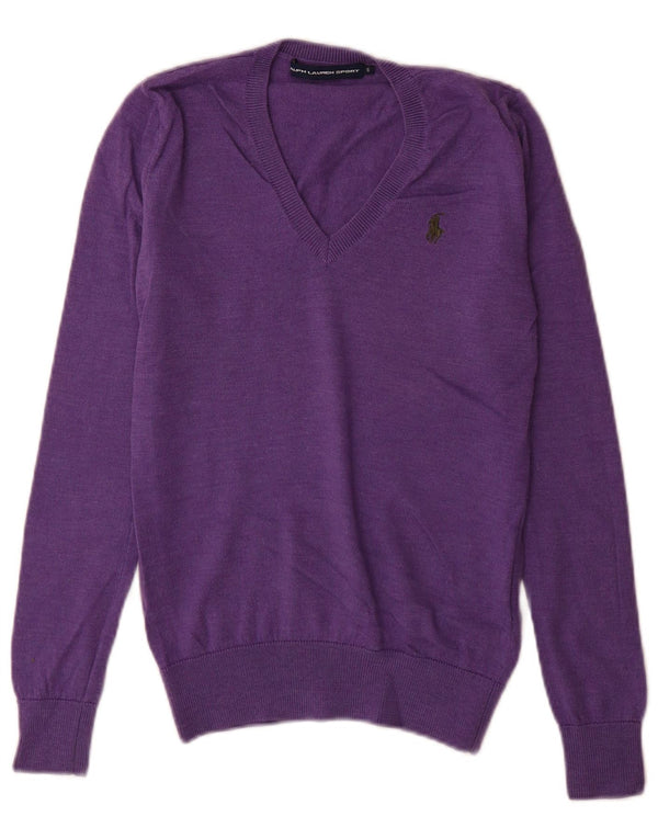 Maglione maglione con scollo a V da donna Ralph Lauren UK 10 piccolo lana merino viola