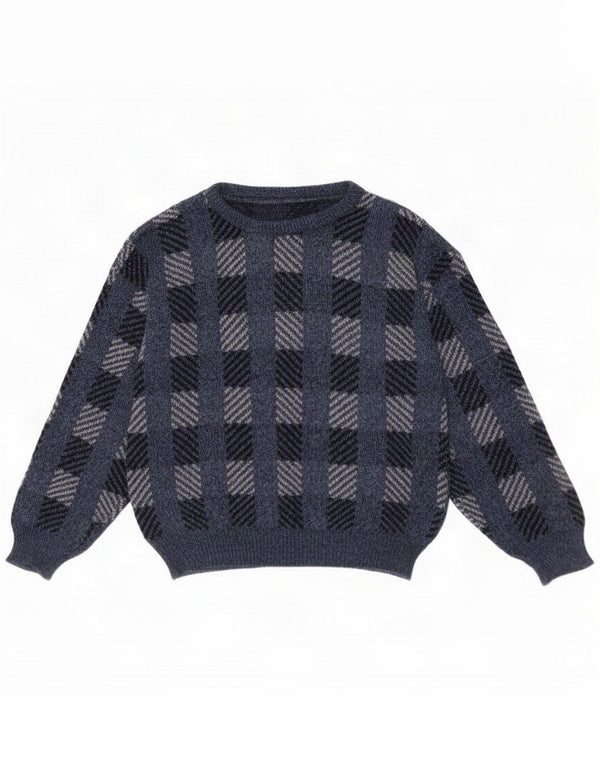 Maglione vintage da uomo con scollo a barchetta medio blu navy a quadri