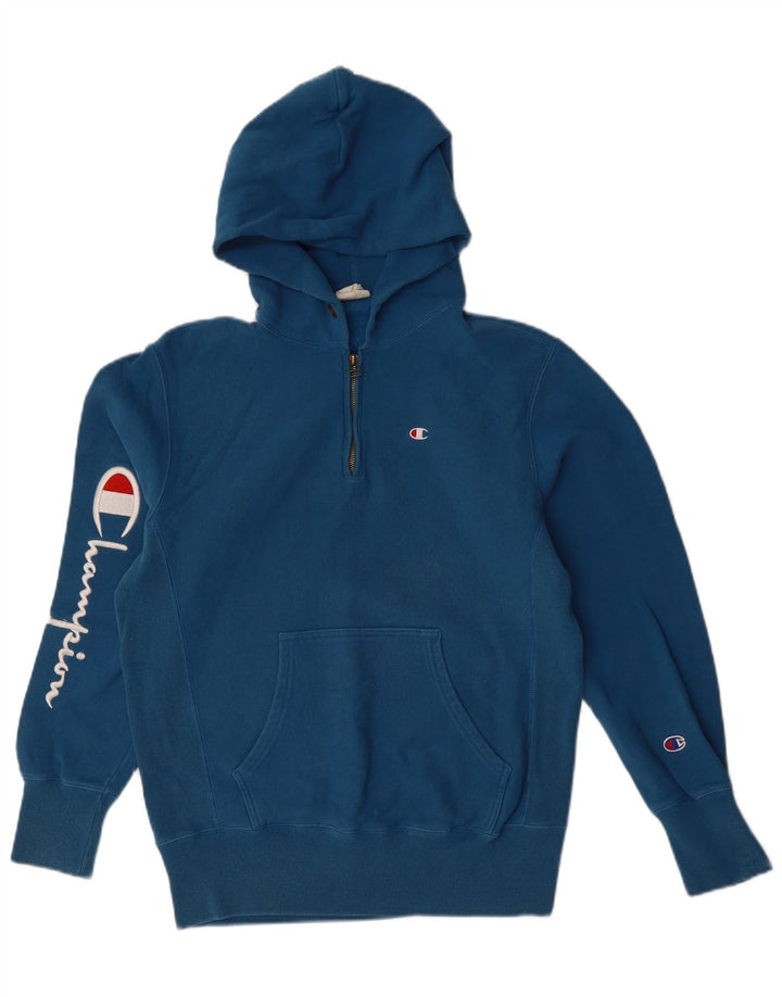Maglione con cappuccio grafico da uomo con zip e collo Champion in cotone blu medio