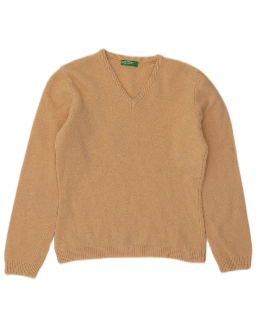 BENETTON Maglione corto con scollo a V da donna UK 12 Lana beige medio