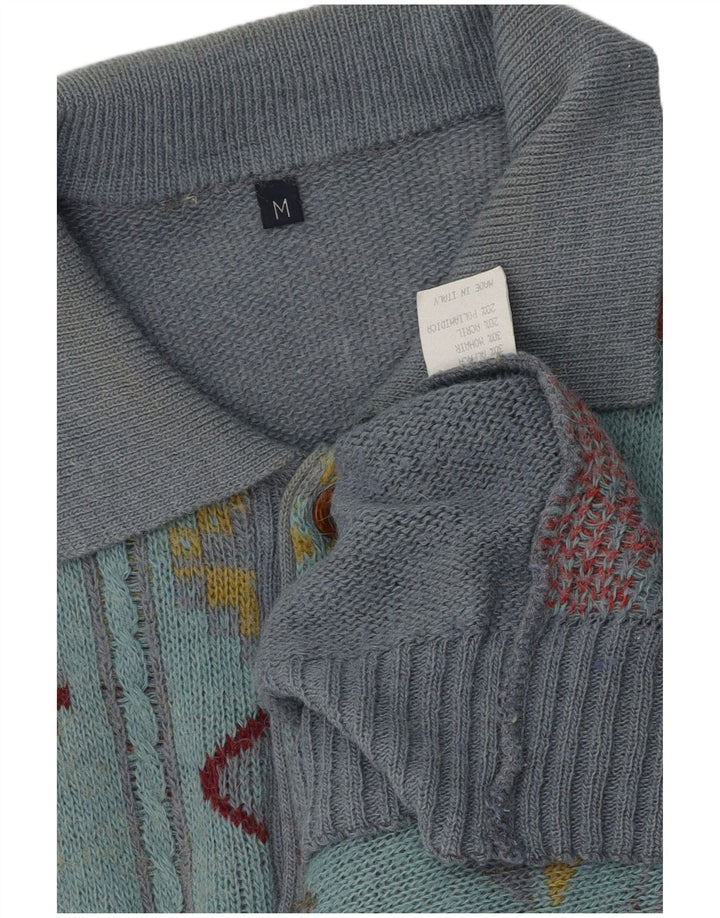 Maglione vintage da uomo con collo a polo in lana di alpaca geometrica grigio medio