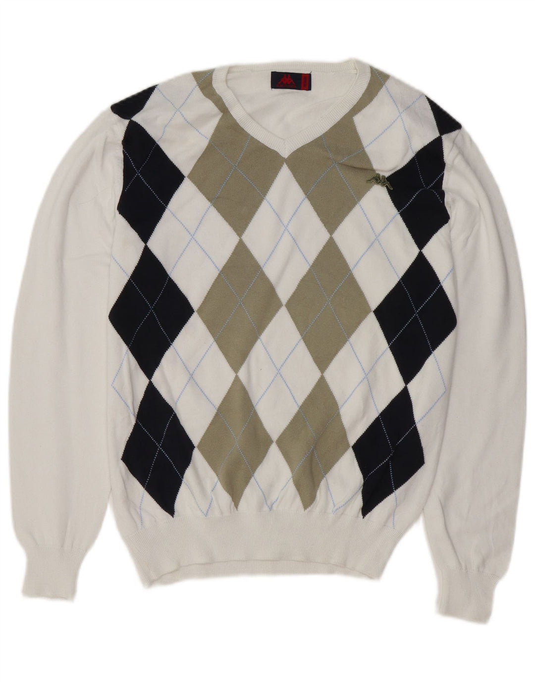 Maglione Kappa da donna con scollo a V UK 14 cotone medio bianco a rombi/diamante