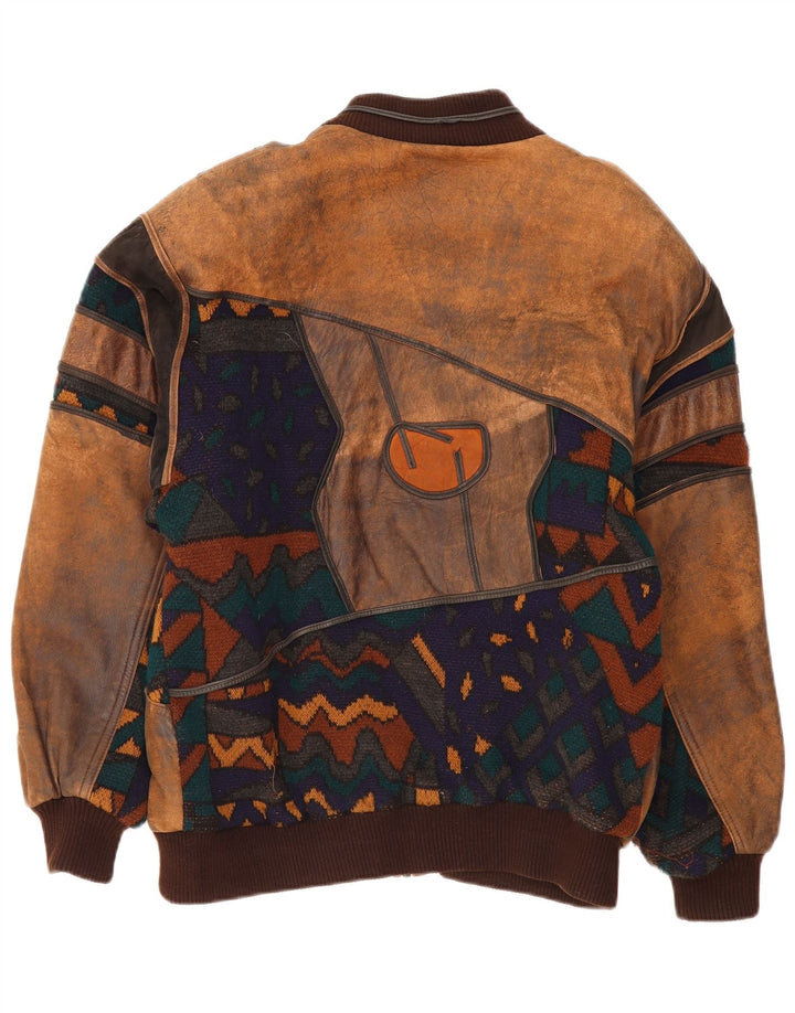 Giacca in pelle vintage da uomo IT 50 grande in pelle marrone geometrica