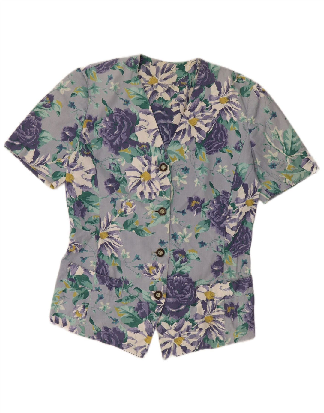 Camicetta da donna a maniche corte VINTAGE UK 14 grande floreale blu