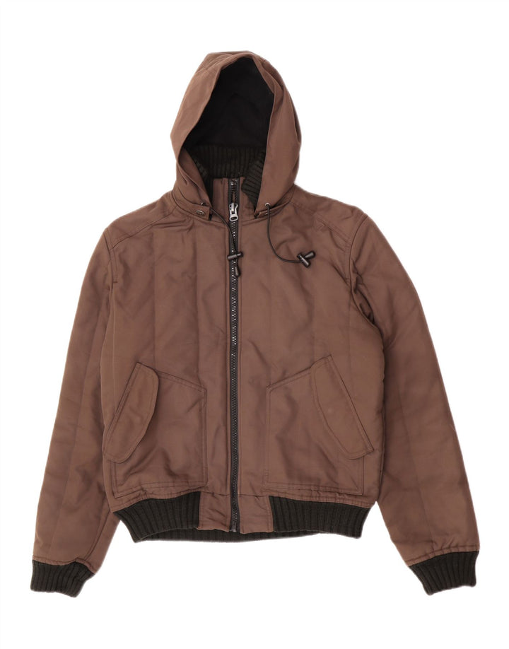 Giubbotto bomber con cappuccio vintage da uomo UK 38 Poliestere color block marrone medio